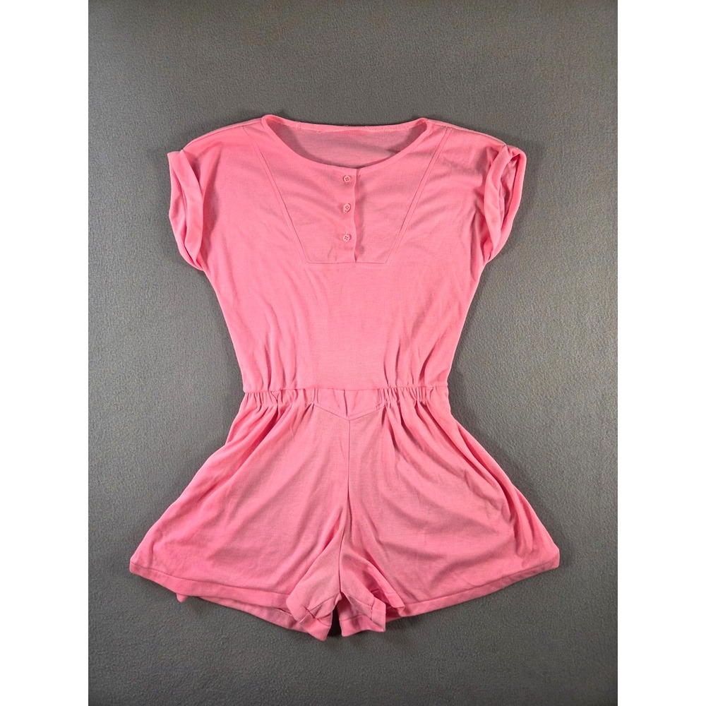 Vintage Pink Romper Womens Medium Henley 80s Playsuit Stretch Mod Short Sleeve